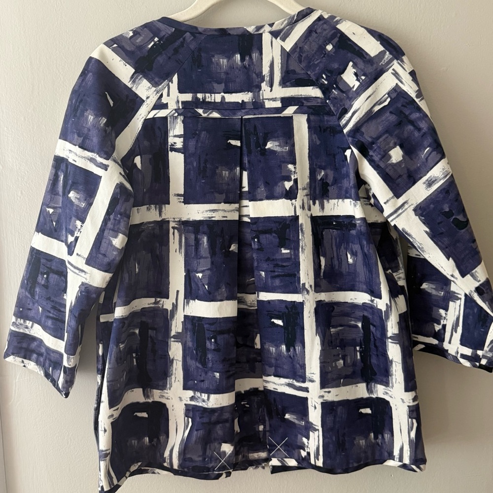 Simply Vera Wang Navy Abstract Print Blouse Lightweight Open Front Jacket Top - Picture 7 of 12